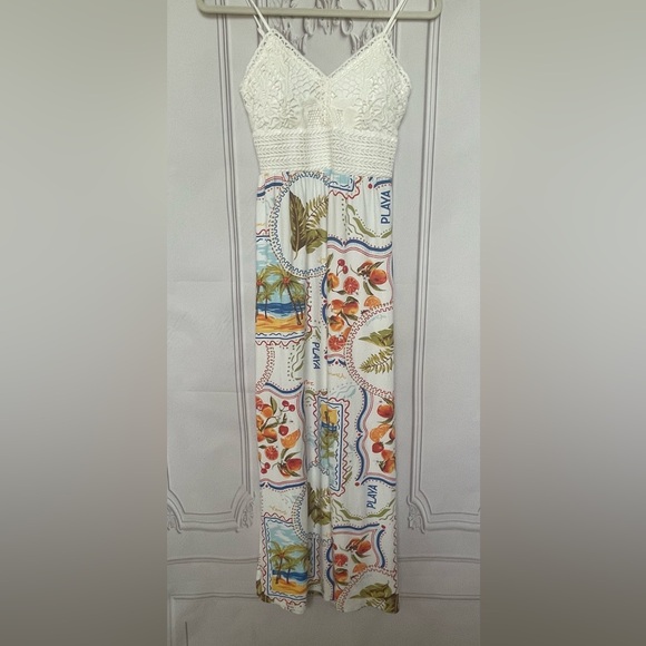 Derek Heart Small Boho Maxi Dress | Crochet Lace Top | Playa Print.  NWT! - Picture 3 of 10